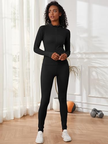 AUXDIO Two Piece Workout Outfits for Women Zip Up Slim Fit Fashion Yoga Tracksuit Jacket Matching Sweat Pant Set Black Medium