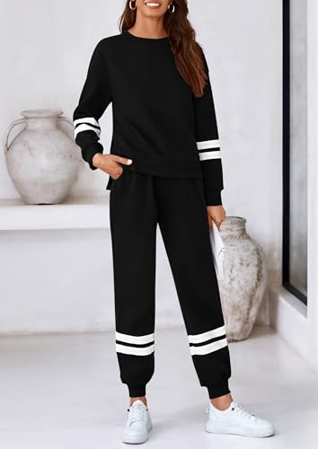 PRETTYGARDEN 2 Piece Lounge Sets for Women 2024 Fall Travel Outfits Track Suits Matching Airport Loungewear Clothing (Striped Black,Medium)