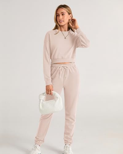 BTFBM Women 2 Piece Outfits Long Sleeve Crop Top Pullover Drawstring Pant Jogger Set Casual Sweatsuits Tracksuit Pockets(Solid Beige, Medium)