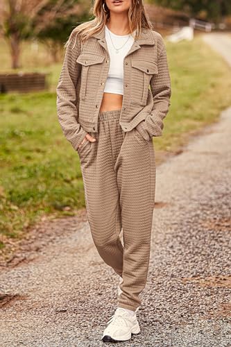 PRETTYGARDEN Womens 2024 Fall 2 Piece Outfits Tracksuit Long Sleeve Button Down Shacket Jacket Pockets Long Pants Casual Set (Dark Khaki,Large)