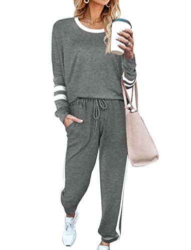 Aloodor 2 Piece Outfits for Women Crewneck Workout Sweatsuit Sets Loose Fitting Tops Gray M