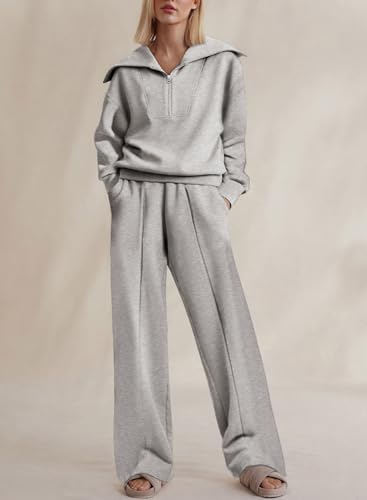 Aleumdr Two Piece Outfits Half Zip Sweatshirt Sweatsuit Fleece Lounge Sets for Women Matching Set Oversized Pullover Wide Leg Sweatpant Tracksuit 2024 Fall Fashion Travel Athletic Clothing Grey