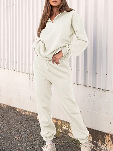 Prinbara Women 2 Piece Outfits Sweat Set 2024 Fall Oversized Sweatshirts Jogger Sweatpants Lounge Sets Tracksuit White Medium
