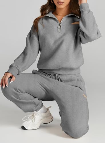 Herseas Women Two Piece Outfits Fleece Half Zip Oversized Sweatshirt Jogger Pants Matching Set Y2K Tracksuit Pants Set Gray Large 12 14