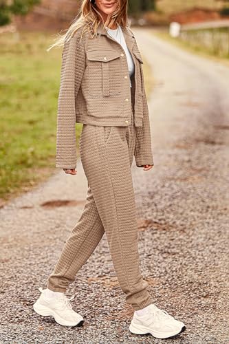 PRETTYGARDEN Womens 2024 Fall 2 Piece Outfits Tracksuit Long Sleeve Button Down Shacket Jacket Pockets Long Pants Casual Set (Dark Khaki,Large)