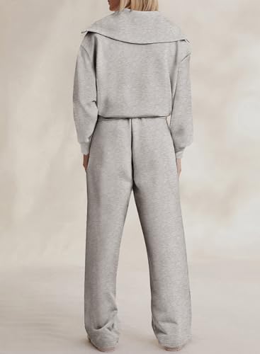Aleumdr Two Piece Outfits Half Zip Sweatshirt Sweatsuit Fleece Lounge Sets for Women Matching Set Oversized Pullover Wide Leg Sweatpant Tracksuit 2024 Fall Fashion Travel Athletic Clothing Grey