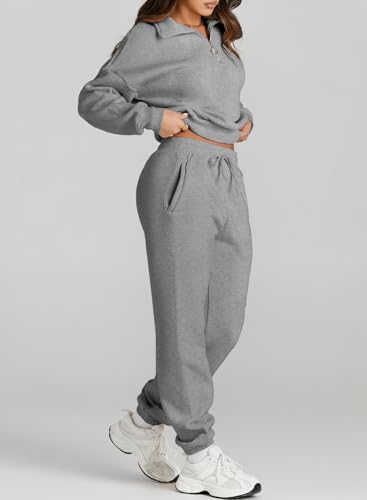 Herseas Women Two Piece Outfits Fleece Half Zip Oversized Sweatshirt Jogger Pants Matching Set Y2K Tracksuit Pants Set Gray Large 12 14