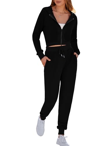 MASCOMODA 2 Piece Tracksuitset for Women 2024 Fall Outfits Casual Lounge Set Hoodie Full Zip Tops and Long Pants with Pockets(Black,Medium)