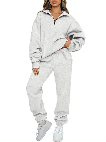 AUTOMET Womens 2 Piece Sweat Sets Long Sleeve Half Zip Sweatshirts with Sweatpants Fall Clothes 2024 Grey L
