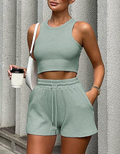 Lingswallow 2 Piece Women Lounge Sets - Sleeveless Crop Top and Shorts Waffle Lounge Set Tracksuits Sweatsuits for Women