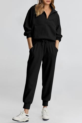 PRETTYGARDEN Womens 2 Piece Sweatsuits Set Long Sleeve Half Zip Pullover Sweatshirt Joggers Sweatpants Fall Outfits Tracksuit (Black,Large)