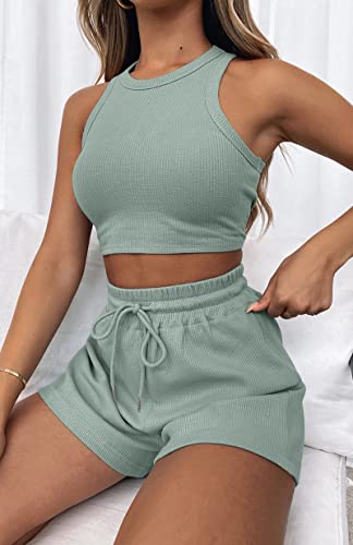 Lingswallow 2 Piece Women Lounge Sets - Sleeveless Crop Top and Shorts Waffle Lounge Set Tracksuits Sweatsuits for Women