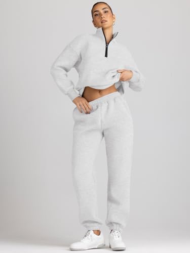 AUTOMET Womens 2 Piece Sweat Sets Long Sleeve Half Zip Sweatshirts with Sweatpants Fall Clothes 2024 Grey L