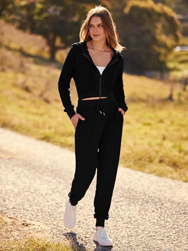 MASCOMODA 2 Piece Tracksuitset for Women 2024 Fall Outfits Casual Lounge Set Hoodie Full Zip Tops and Long Pants with Pockets(Black,Medium)