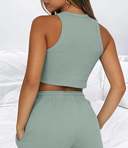 Lingswallow 2 Piece Women Lounge Sets - Sleeveless Crop Top and Shorts Waffle Lounge Set Tracksuits Sweatsuits for Women