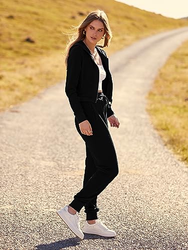 MASCOMODA 2 Piece Tracksuitset for Women 2024 Fall Outfits Casual Lounge Set Hoodie Full Zip Tops and Long Pants with Pockets(Black,Medium)