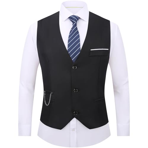 DOKKIA Men's Dress Vest Suit Waistcoat Formal Business Slim Fit V-neck Sleeveless Tuxedo Jacket with Chain Black Large