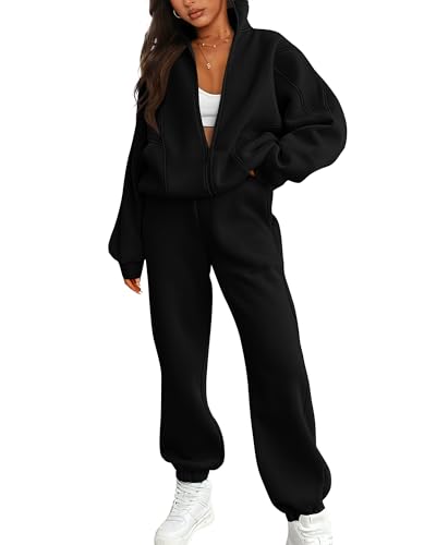 BTFBM Womens Sweatsuits 2 Piece Set 2024 Fleece Long Sleeve Zip Up Sweatshirt Sweatpants Winter Fall Outfits Jogger Sets(Black, Medium)