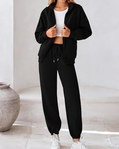 BTFBM Womens Sweatsuits 2 Piece Set 2024 Fleece Long Sleeve Zip Up Sweatshirt Sweatpants Winter Fall Outfits Jogger Sets(Black, Medium)