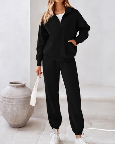 BTFBM Womens Sweatsuits 2 Piece Set 2024 Fleece Long Sleeve Zip Up Sweatshirt Sweatpants Winter Fall Outfits Jogger Sets(Black, Medium)