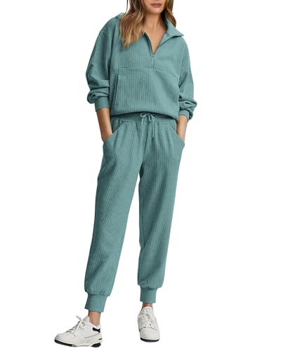 BTFBM Women's 2 Piece Tracksuit Long Sleeve Zipper Sweatshirt Long Sweatpants Outfits Lounge Sets Airport Outfits(Solid Light Green,Large)