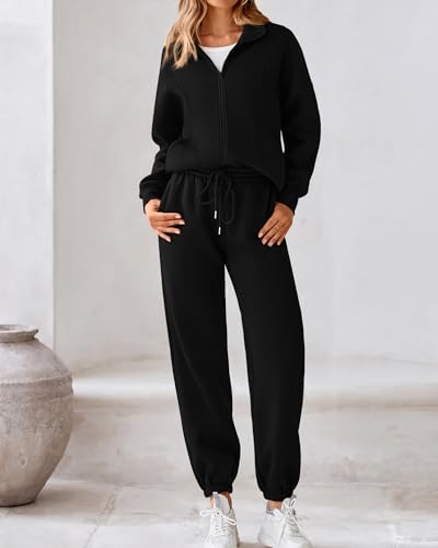BTFBM Womens Sweatsuits 2 Piece Set 2024 Fleece Long Sleeve Zip Up Sweatshirt Sweatpants Winter Fall Outfits Jogger Sets(Black, Medium)