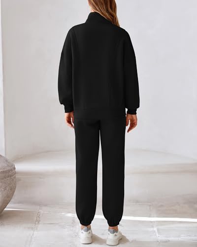 BTFBM Womens Sweatsuits 2 Piece Set 2024 Fleece Long Sleeve Zip Up Sweatshirt Sweatpants Winter Fall Outfits Jogger Sets(Black, Medium)