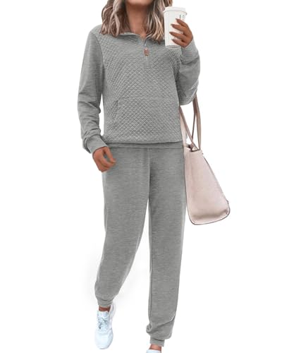 BTFBM Womens Sweatsuits 2 Piece Set Quilted Quarter Zip Pullover Jogger Sweatpants Tracksuit Fall Matching Lounge Sets(Solid Light Grey, Medium)