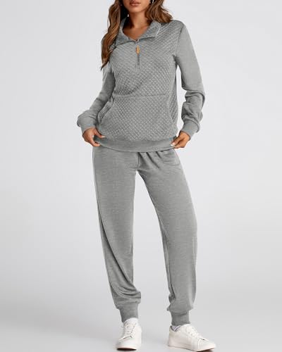 BTFBM Womens Sweatsuits 2 Piece Set Quilted Quarter Zip Pullover Jogger Sweatpants Tracksuit Fall Matching Lounge Sets(Solid Light Grey, Medium)