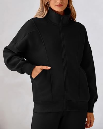 BTFBM Womens Sweatsuits 2 Piece Set 2024 Fleece Long Sleeve Zip Up Sweatshirt Sweatpants Winter Fall Outfits Jogger Sets(Black, Medium)