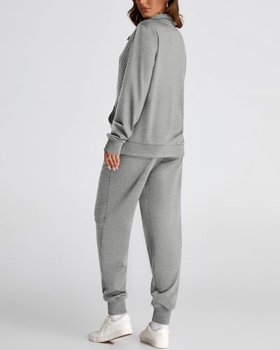 BTFBM Womens Sweatsuits 2 Piece Set Quilted Quarter Zip Pullover Jogger Sweatpants Tracksuit Fall Matching Lounge Sets(Solid Light Grey, Medium)