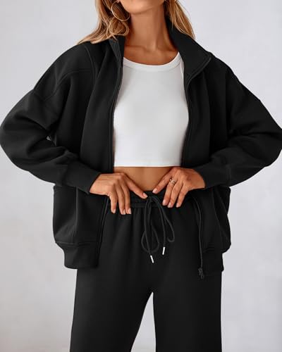 BTFBM Womens Sweatsuits 2 Piece Set 2024 Fleece Long Sleeve Zip Up Sweatshirt Sweatpants Winter Fall Outfits Jogger Sets(Black, Medium)