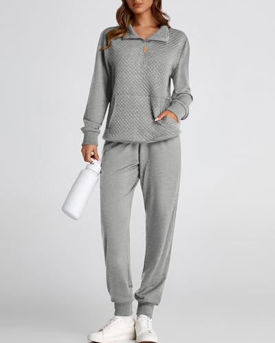 BTFBM Womens Sweatsuits 2 Piece Set Quilted Quarter Zip Pullover Jogger Sweatpants Tracksuit Fall Matching Lounge Sets(Solid Light Grey, Medium)