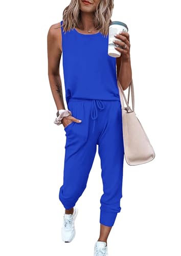 PRETTYGARDEN Women's Two Piece Outfit Sleeveless Crewneck Tops with Sweatpants Active Tracksuit Lounge Wear (Blue,Medium)