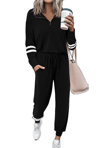 PRETTYGARDEN Women's 2 Piece Outfits Fall Fashion 2024 Striped 1/4 Zip Pullover Tops Long Sweatpants Tracksuit Sets (Black,Large)