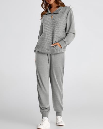 BTFBM Womens Sweatsuits 2 Piece Set Quilted Quarter Zip Pullover Jogger Sweatpants Tracksuit Fall Matching Lounge Sets(Solid Light Grey, Medium)
