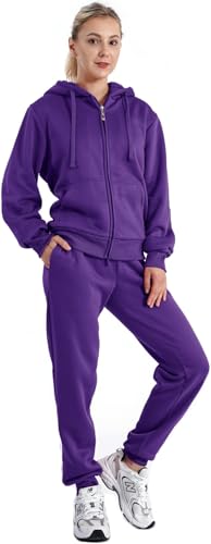 LeeHanTon Sherpa Fleece Womens Sweatsuits Sets Outfit Active Full Zip Hoodie and Pants 2 Pieces Loungewear Tracksuit Purple L
