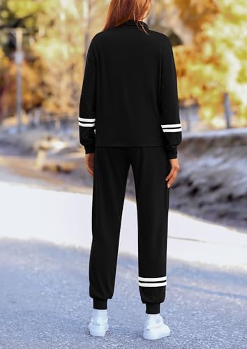 PRETTYGARDEN Women's 2 Piece Outfits Fall Fashion 2024 Striped 1/4 Zip Pullover Tops Long Sweatpants Tracksuit Sets (Black,Large)