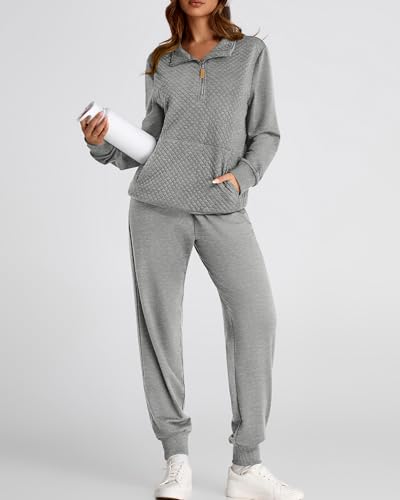 BTFBM Womens Sweatsuits 2 Piece Set Quilted Quarter Zip Pullover Jogger Sweatpants Tracksuit Fall Matching Lounge Sets(Solid Light Grey, Medium)