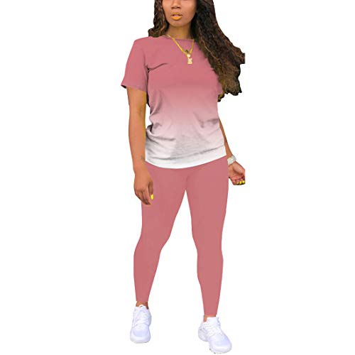 Nimsruc Two Piece Outfits For Women Summer Sweatsuits Sets Casual Jogging Suit Matching Athletic Clothing Fashion Tracksuit Gradient Pink XXL