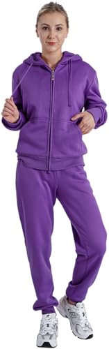 LeeHanTon Sherpa Fleece Womens Sweatsuits Sets Outfit Active Full Zip Hoodie and Pants 2 Pieces Loungewear Tracksuit Purple L