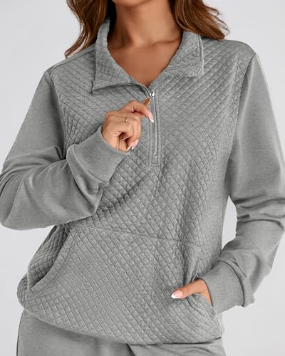 BTFBM Womens Sweatsuits 2 Piece Set Quilted Quarter Zip Pullover Jogger Sweatpants Tracksuit Fall Matching Lounge Sets(Solid Light Grey, Medium)