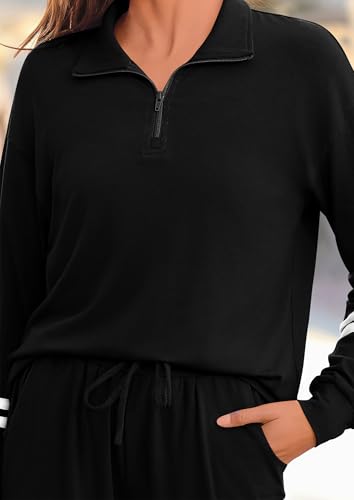 PRETTYGARDEN Women's 2 Piece Outfits Fall Fashion 2024 Striped 1/4 Zip Pullover Tops Long Sweatpants Tracksuit Sets (Black,Large)