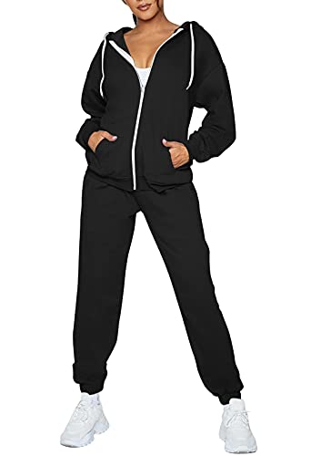 Fixmatti Women 2 Piece Outfits Active Sweatsuit Zip-Up Hoodie Jacket Sweatpants Jogger Set Tracksuit Black S
