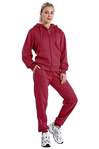 Facitisu Women Tracksuit 2 Piece Outfit Fleece Jogging Suit Set Active Sherpa Lined Sweatsuit Jogger Pants with Zip Up Hoodie Wine S