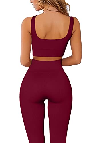 QINSEN Active Wear Outfits for Women 2 Piece Set Athletic Seamless Leggings and Ribbed Sport Bra Sets Wine M