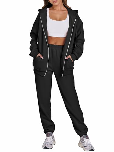 ANRABESS Womens 2 Piece Outfits Sweatsuits Oversized Zip Up Sweatshirt Jogger Sweatpants Tracksuit Sweat Lounge Matching Set Black Medium