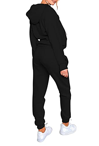 Fixmatti Women 2 Piece Outfits Active Sweatsuit Zip-Up Hoodie Jacket Sweatpants Jogger Set Tracksuit Black S