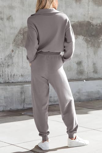 PRETTYGARDEN Women's 2 Piece Sweater Set Pullover Zip Up Sweatshirt Jogger Sweatpants Tracksuit Casual Outfit (Light Grey,Large)