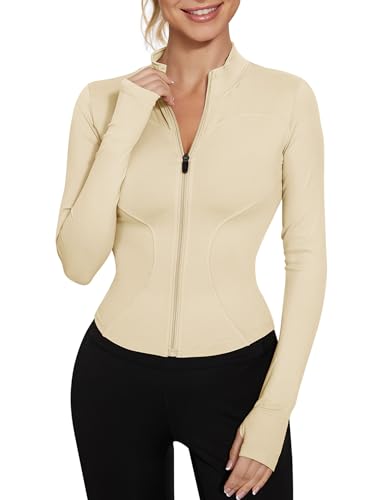 LUYAA Athleitc Zip Up Jackets Long Sleeve Workout Tops Lightweight Crop Fall Active Wear Work Out Sets Apricot L